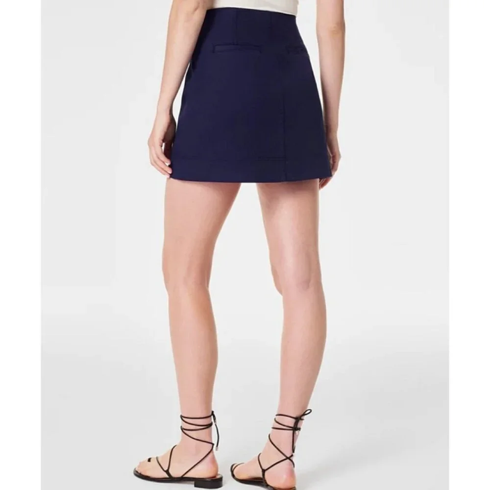Spanx Stretch Twill Mini Skirt Lapis Blue High-Rise Waist Denim A-Line Stretchy